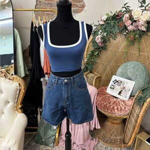 Blue and White Tank Top with Denim Shorts